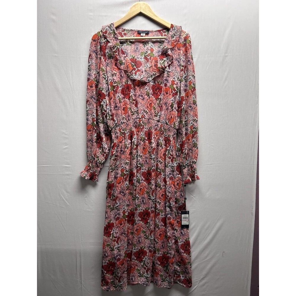 Tommy Hilfiger Women’s 10 Floral Pink Chiffon Ruffle Midi Dress Long Sleeves NWT